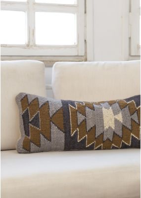 Rectangular Handwoven Gray Cushion with Triangular Geometric Pattern