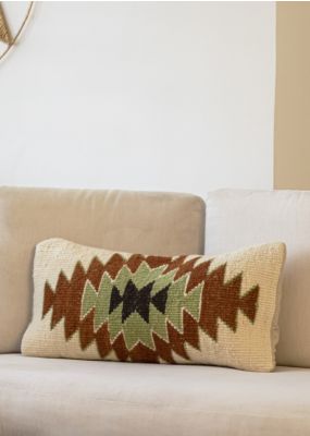 Rectangular Handwoven Beige Cushion with Triangular Geometric Pattern