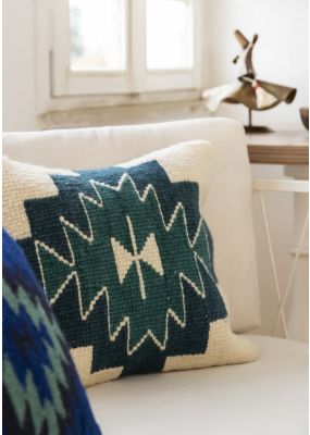 Handwoven Cushion with Green Triangular Geometric Pattern 