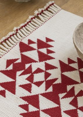 Handwoven Rug with Red Triangular Geometric Pattern