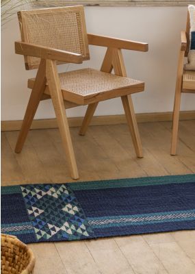 Handwoven Blue Rug with Triangular Geometric Patterns 