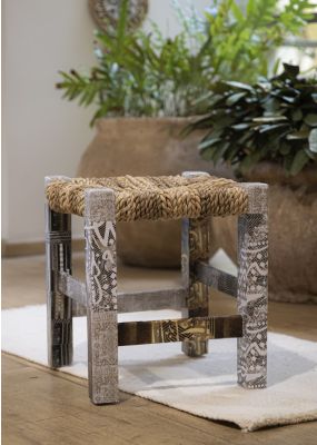 Wooden Stool with Handwoven Halfa Grass and Decoupage 
