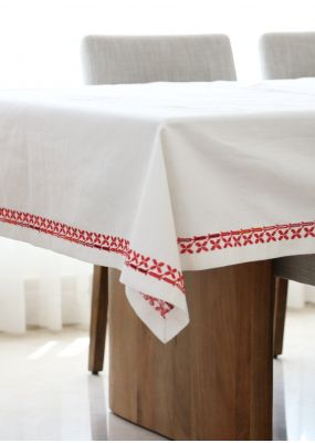 Linen Tablecloth with Floral Embroidery