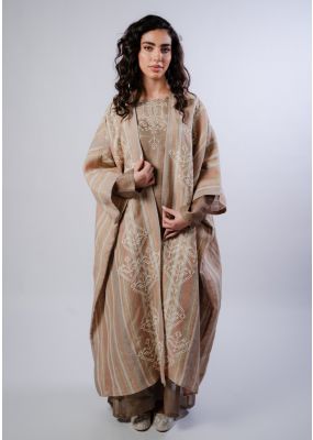 Badia Striped Abaya - Brown & Orange Stripes with White Embroidery