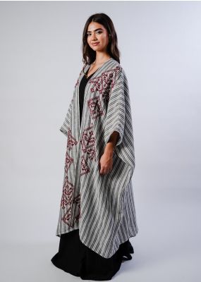 Badia Striped Abaya - Black & White Stripes with Burgundy Embroidery