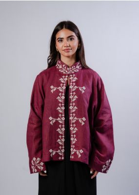 جاكيت غزل - خمري مع تطريز أبيض