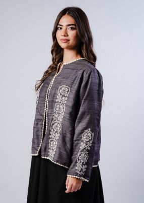 Maya Linen Jacket - Grey with Off White Embroidery