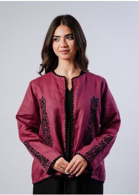 Maya Linen Jacket - Burgundy with Black Embroidery