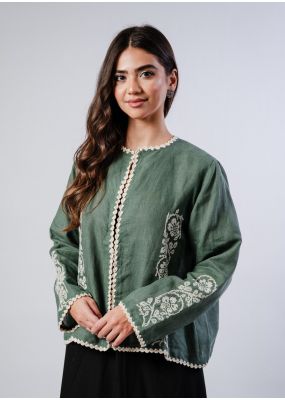 Maya Linen Jacket - Olive Green with Off White Embroidery