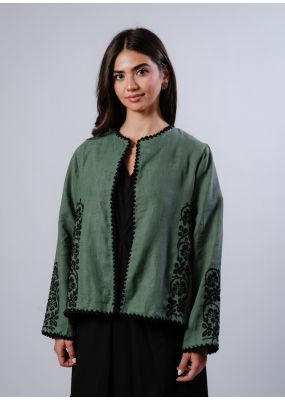 Maya Linen Jacket - Olive Green with Black Embroidery