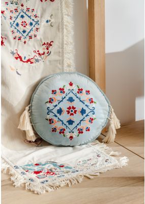 Round Blue Velvet Cushion with Floral Embroidery & Tassels