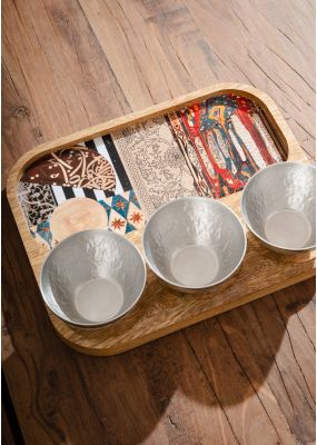 Rectangular Decoupage Tray with 3 Silver Bowls