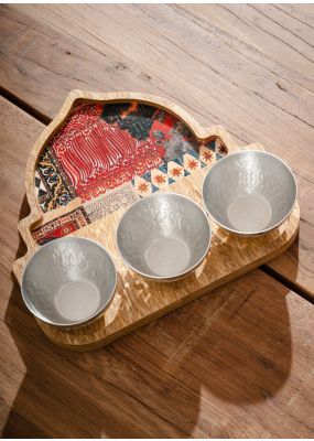 Dome-Shaped Decoupage Tray with 3 Silver Bowls