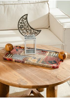 Wooden Decoupage Tray with Spherical Handles