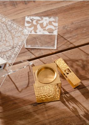 Engraved Plexi Box & Gold Censer Incense Set