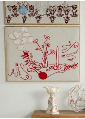 Red Dining Scene Embroidered Wall Hanging