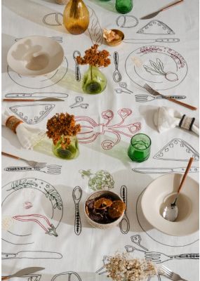 Dining Scene Embroidered Tablecloth