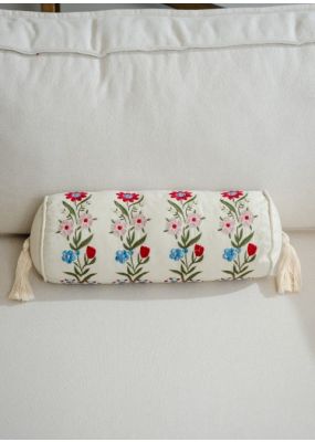 Cylindrical Cushion with Flowers & Tassels