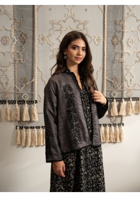 Maya Linen Jacket - Grey with Black Embroidery