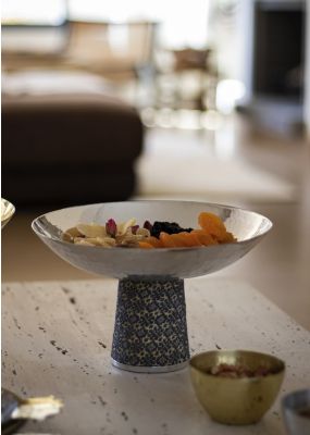 Silver Hammered Metal Serving Bowl with Embroidery 