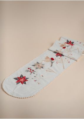 مفرش طاولة مطرّز بتصميم الطيور وزهور البوينسيتيا